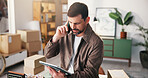 Phone call, logistics or man in office with tablet, tracking package or chat on shipping service. Distribution, communication or supplier with tech, courier or delivery instruction in supply chain.