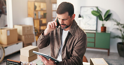 Buy stock photo Phone call, logistics or man in office with tablet, tracking package or chat on shipping service. Distribution, communication or supplier with tech, courier or delivery instruction in supply chain.