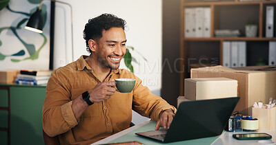Buy stock photo Coffee, ecommerce or entrepreneur with laptop in office, check order status or courier site for tracking. Parcel delivery, tea or happy man with pc to monitor distribution,  supply chain or shipping