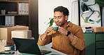 Logistics, break and man with coffee, office and laptop for goods distribution, resting and shipping. Entrepreneur, relax and person with beverage in small business, supply chain and online shop