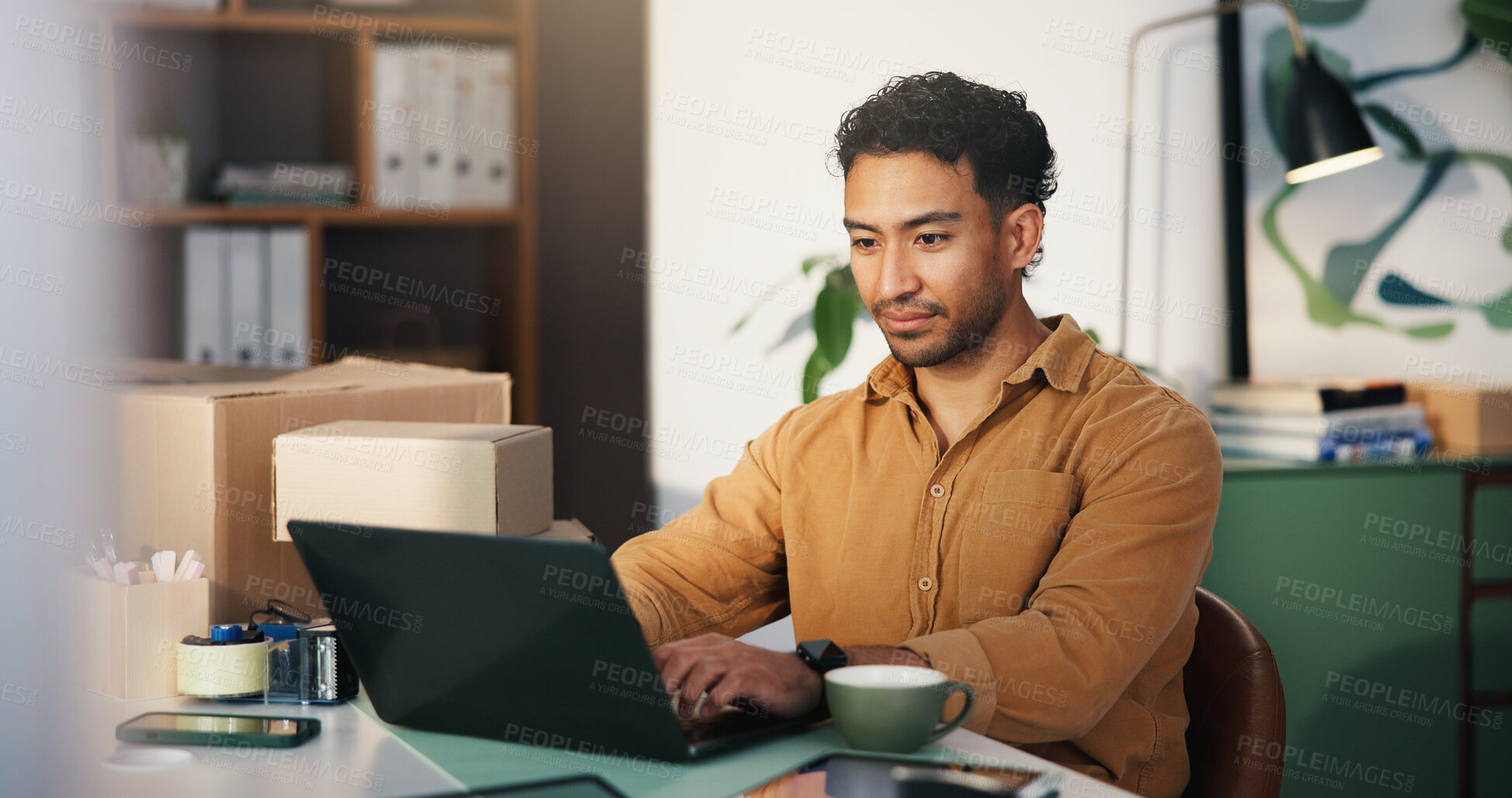 Buy stock photo Laptop, logistics and businessman in office with communication for online delivery information. Computer, typing and male supply chain manager with email for shipping contact by boxes in workplace.