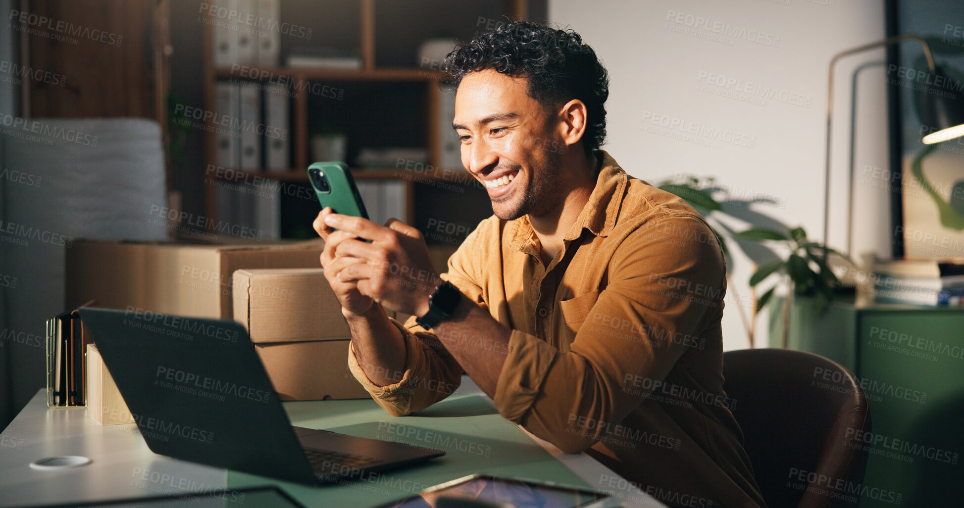 Buy stock photo Man, reading and happy with smartphone, logistics and ecommerce success on website and distribution. Entrepreneur, online and person with smile for order, supply chain and shipping goods with mobile