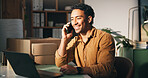 Happy, phone call and man with laptop, shipping or communication with contact for stock distribution. Small business, entrepreneur and person with tech for order, logistics and discussion with mobile