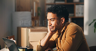 Buy stock photo Laptop, logistics and stress with man in office for delivery, distribution or shipping of boxes. Computer, frustration and supply chain with employee at desk in workplace for courier service backlog