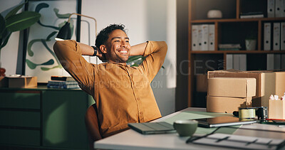 Buy stock photo Smile, man and stretching at small business for ecommerce, logistics and finished with delivery. Happy, entrepreneur and relax in warehouse for inventory, complete shipping and done with distribution