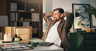Buy stock photo Man, relax and stretching at small business for ecommerce, logistics and finished with delivery. Smile, entrepreneur and rest in warehouse for inventory, complete shipping and done with distribution
