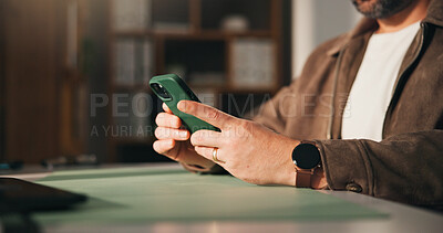 Buy stock photo Review, scroll or hands in office with phone, online communication or pitch update on email. Digital, man or employee in agency with tech, proposal browse or networking on virtual platform.