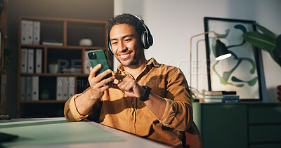 Buy stock photo Headphones, mobile and happy man with break in home office, music listening and podcast for remote work. Phone, playlist search or freelancer with tech for streaming, radio and album for productivity