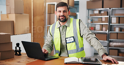 Buy stock photo Entrepreneur, portrait and man with laptop, logistics or confident for stock distribution on website. Small business, ecommerce and person with tech for shipping goods, supply chain and delivery