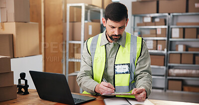 Buy stock photo Logistic, clipboard or man in warehouse with laptop, order track or inventory management for shipping. Distribution, export or supplier with tech, stock control or delivery checklist in supply chain
