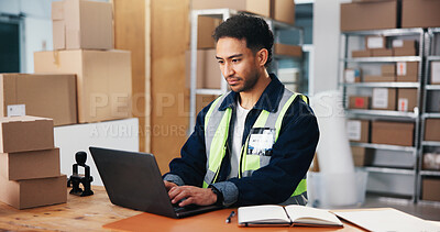Buy stock photo Logistics, laptop and man in warehouse, reading and email for inventory management. Employee, supply chain and person in factory, pc and website info for distribution and schedule for online order