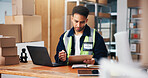 Clipboard, man and logistics worker with laptop for distribution, shipping or delivery information. Computer, checklist and male supply chain manager with online email for inventory in workplace.