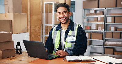 Buy stock photo Entrepreneur, portrait and man with laptop, dropshipping or happy for stock distribution on website. Small business, ecommerce and person with smile for goods delivery, supply chain and logistics
