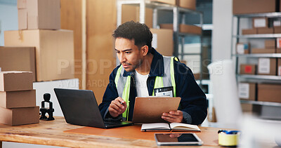 Buy stock photo Clipboard, man and supply chain worker with laptop for distribution, shipping or delivery information. Computer, checklist and male logistics manager with online email for inventory in workplace.