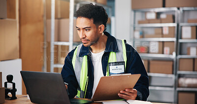 Buy stock photo Clipboard, distribution and logistics worker with laptop for ecommerce, shipping or delivery information. Computer, checklist and male supply chain manager with email for inventory in workplace.