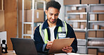 Checklist, man and logistics worker with laptop for distribution, shipping or delivery information. Computer, clipboard and male supply chain manager with online email for inventory in workplace.