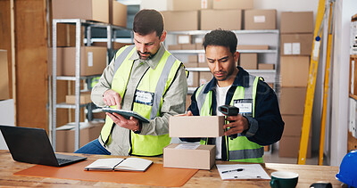 Buy stock photo Boxes, scanner and men in warehouse, tablet and barcode for export, logistics and supply chain. Teamwork, tech and people in workplace, cardboard and digital app for online order info or distribution