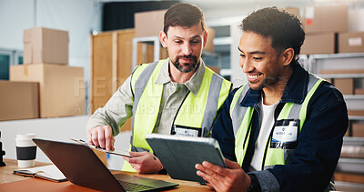 Buy stock photo Tablet, men and supply chain employees with laptop in office for online order confirmation with email. Computer, digital technology and male logistics managers with shipping information in workplace.