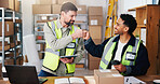 Logistics, people and fist bump in warehouse with tablet, shipping success and collaboration for sales. Supply chain, happy men and celebration in depot with tech, delivery achievement and milestone.