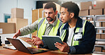 Tablet, men and logistics employees with laptop for distribution with order confirmation with email. Computer, digital technology and male supply chain managers with shipping information in workplace