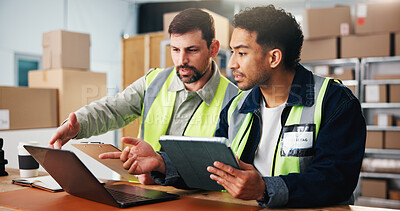 Buy stock photo Tablet, men and logistics employees with laptop for distribution with order confirmation with email. Computer, digital technology and male supply chain managers with shipping information in workplace