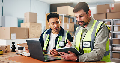 Buy stock photo Tablet, men and logistics employees with laptop in office for online order confirmation with email. Computer, digital technology and male supply chain managers with shipping information in workplace.