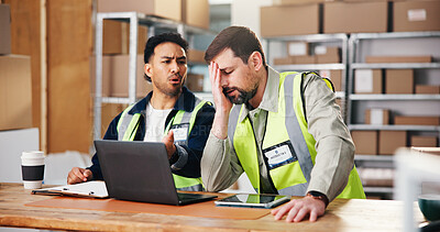 Buy stock photo Laptop, distribution and men in warehouse, angry for delivery mistake and talking. Annoyed, pc and people in workplace, lost package or upset for transport error, website for shipping fail or delay