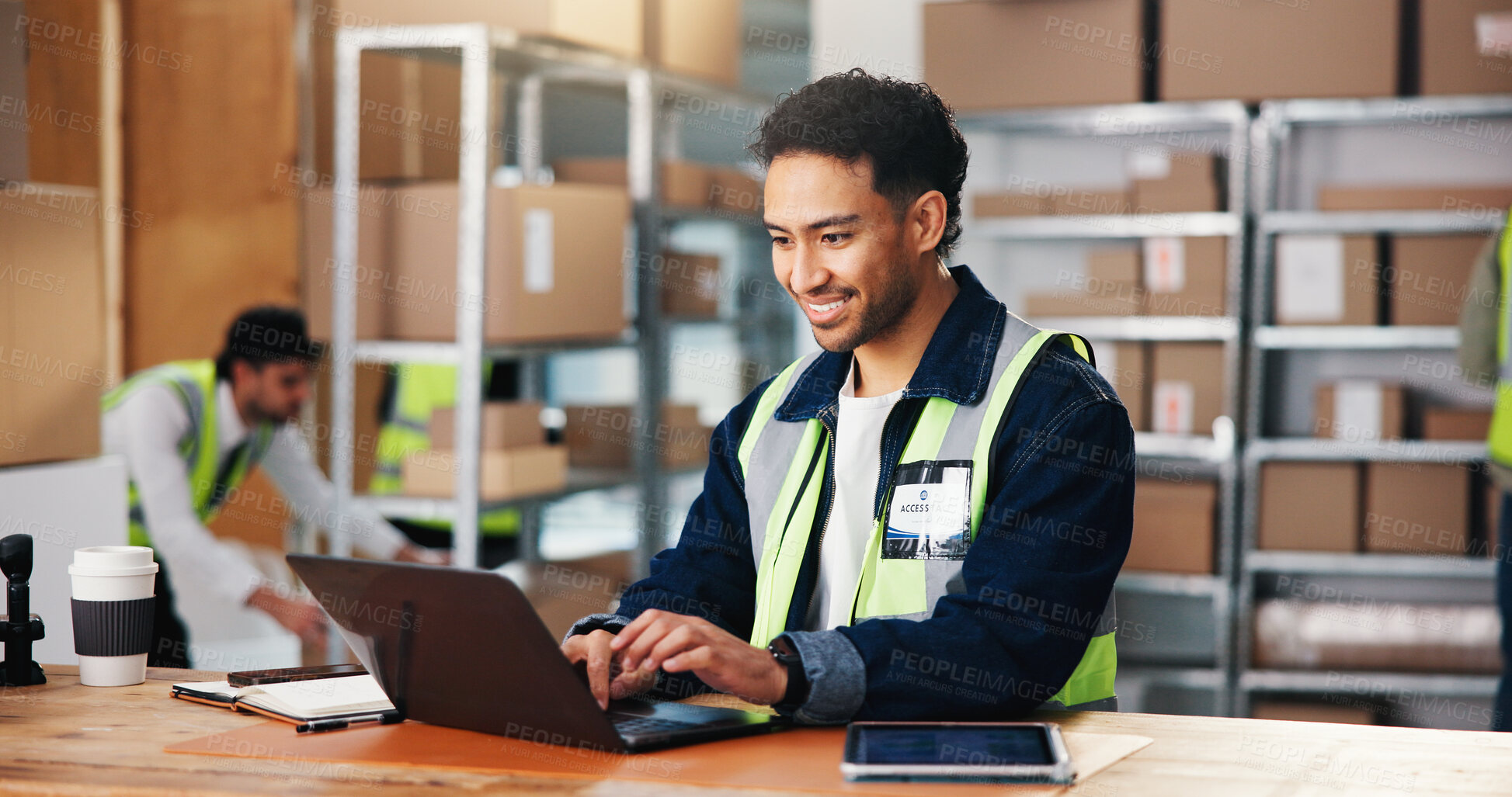 Buy stock photo Distribution, laptop and happy man in warehouse, typing and email for inventory management. Smile, logistics and person in factory, pc and website info for export, import and schedule for backlog