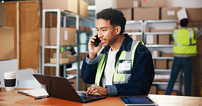 Buy stock photo Phone call, logistics or man in warehouse with laptop, tracking package or chat on shipping service. Distribution, communication or supplier with tech, courier or delivery instruction in supply chain