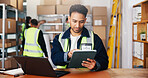 Logistics, laptop or man in warehouse with tablet, order track or inventory management for shipping. Distribution, digital or supplier with tech, stock control or delivery checklist in supply chain.