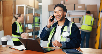 Buy stock photo Phone call, logistics or supplier in warehouse with laptop, package track or chat on shipping service. Distribution, communication or happy man with tech, courier or delivery update in supply chain