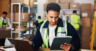 Buy stock photo Logistics, man and tablet in warehouse with laptop, shipping email or courier app to track package. Supply chain, person and reading in depot with tech, dispatch and delivery update for online order.