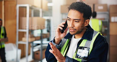 Buy stock photo Phone call, distribution and man in warehouse, talking and schedule for cargo delivery. Employee, logistics and person in workplace, communication or digital app for chatting, supply chain or contact