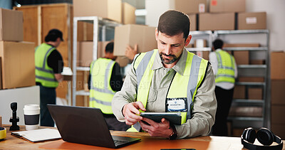 Buy stock photo Logistics, tablet or supplier in warehouse with laptop, order track or inventory management for shipping. Distribution, export or man with tech, stock control or delivery update in supply chain.