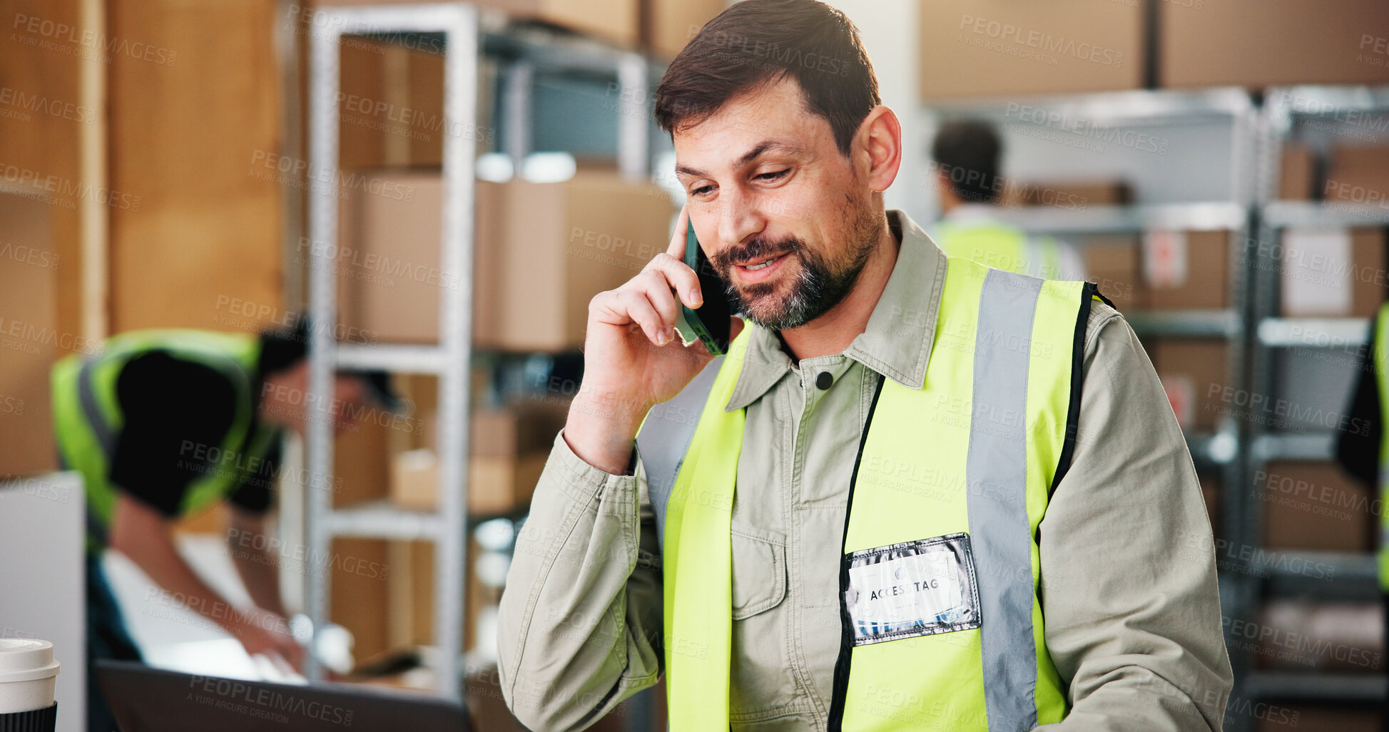 Buy stock photo Phone call, logistics or supplier in storage room with laptop, package track or chat on shipping service. Distribution, communication or man with tech, courier or delivery update in supply chain.