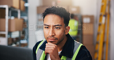 Buy stock photo Logistics, man and thinking in depot with laptop, problem solving and check email for shipping update. Supply chain, person and reading in workplace with computer, contemplation and courier service.
