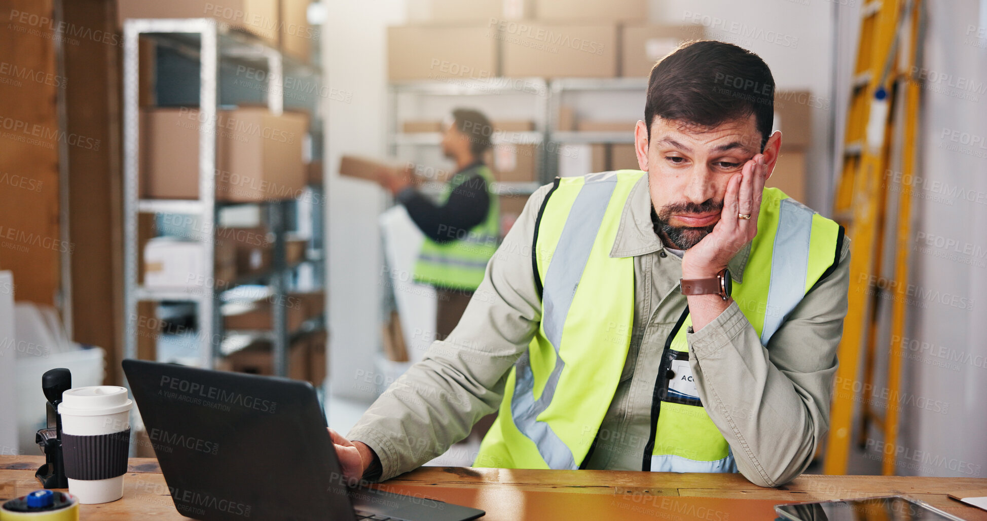 Buy stock photo Ecommerce, think and bored man in warehouse for supply chain, distribution or planning with laptop. Computer, logistics and reflection with tired entrepreneur at work, shipping and lazy with burnout