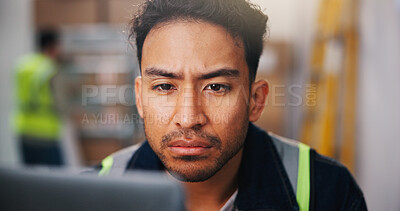 Buy stock photo Reading, man and logistics with laptop in warehouse for inventory check or stock management. Male person, distributor or supplier with computer for supply chain or distribution service in depot