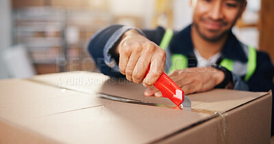 Buy stock photo Man, hands and cutting with box for logistics, packaging or freight safety in small business depot. Male person, open or unboxing with parcel or cargo for supply chain, distribution or delivery check