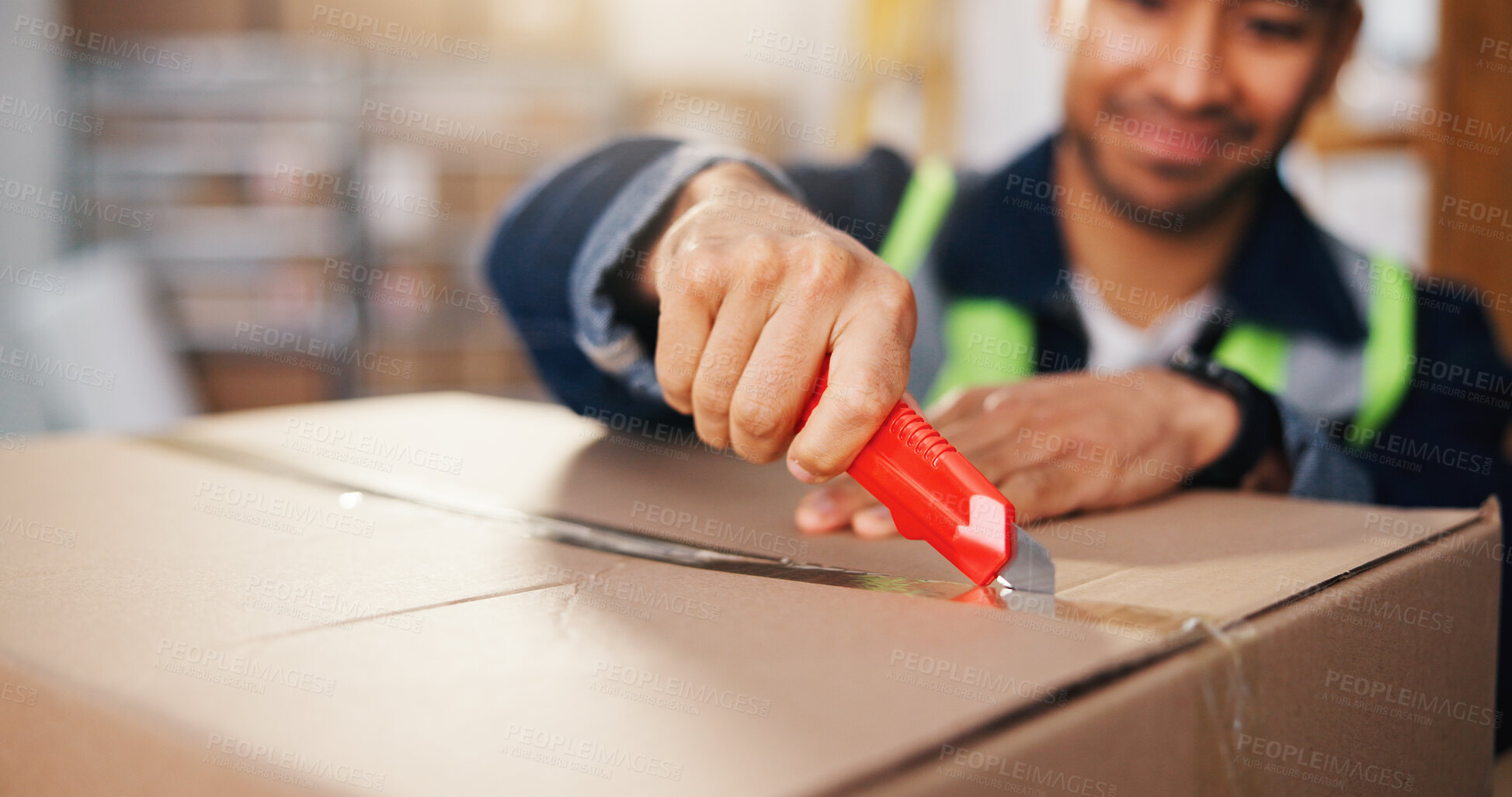 Buy stock photo Man, hands and cutting with box for logistics, packaging or freight safety in small business depot. Male person, open or unboxing with parcel or cargo for supply chain, distribution or delivery check
