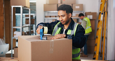 Buy stock photo Man, tape and box in warehouse for logistics, delivery service or safe packaging. Male person, distributor or supplier with seal strip on cargo or parcel for courier security or distribution