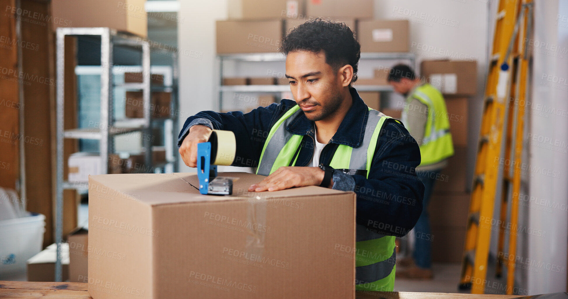 Buy stock photo Man, tape and box in warehouse for logistics, delivery service or safe packaging. Male person, distributor or supplier with seal strip on cargo or parcel for courier security or distribution