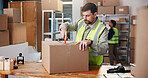 Businessman, box or cutting with package in warehouse for logistics, return order or checking stock. Male person, distributor or supplier opening cargo or parcel for courier security or distribution