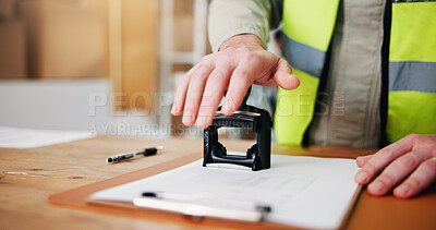 Buy stock photo Person, hands or stamp with document in logistics for inventory checklist, validation or delivery. Closeup, distributor or supplier with paper for courier confirmation, sale or done order in depot
