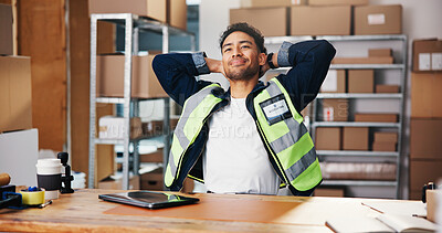 Buy stock photo Happy man, relax and stretching with small business in logistics for completion or done tasks. Male person, productive or finished with smile, boxes or cargo for supply chain or delivery deadline