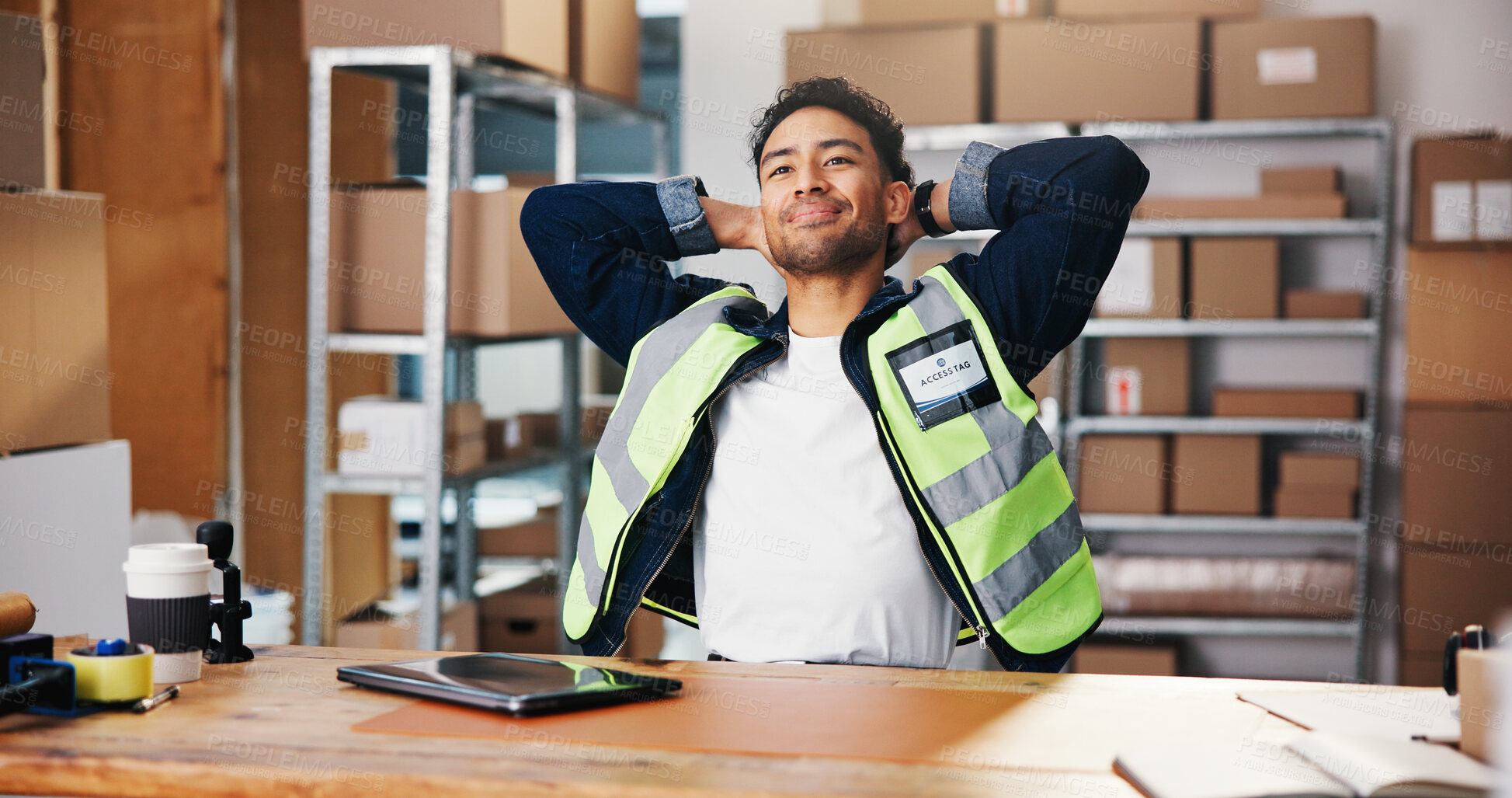 Buy stock photo Happy man, relax and stretching with small business in logistics for completion or done tasks. Male person, productive or finished with smile, boxes or cargo for supply chain or delivery deadline