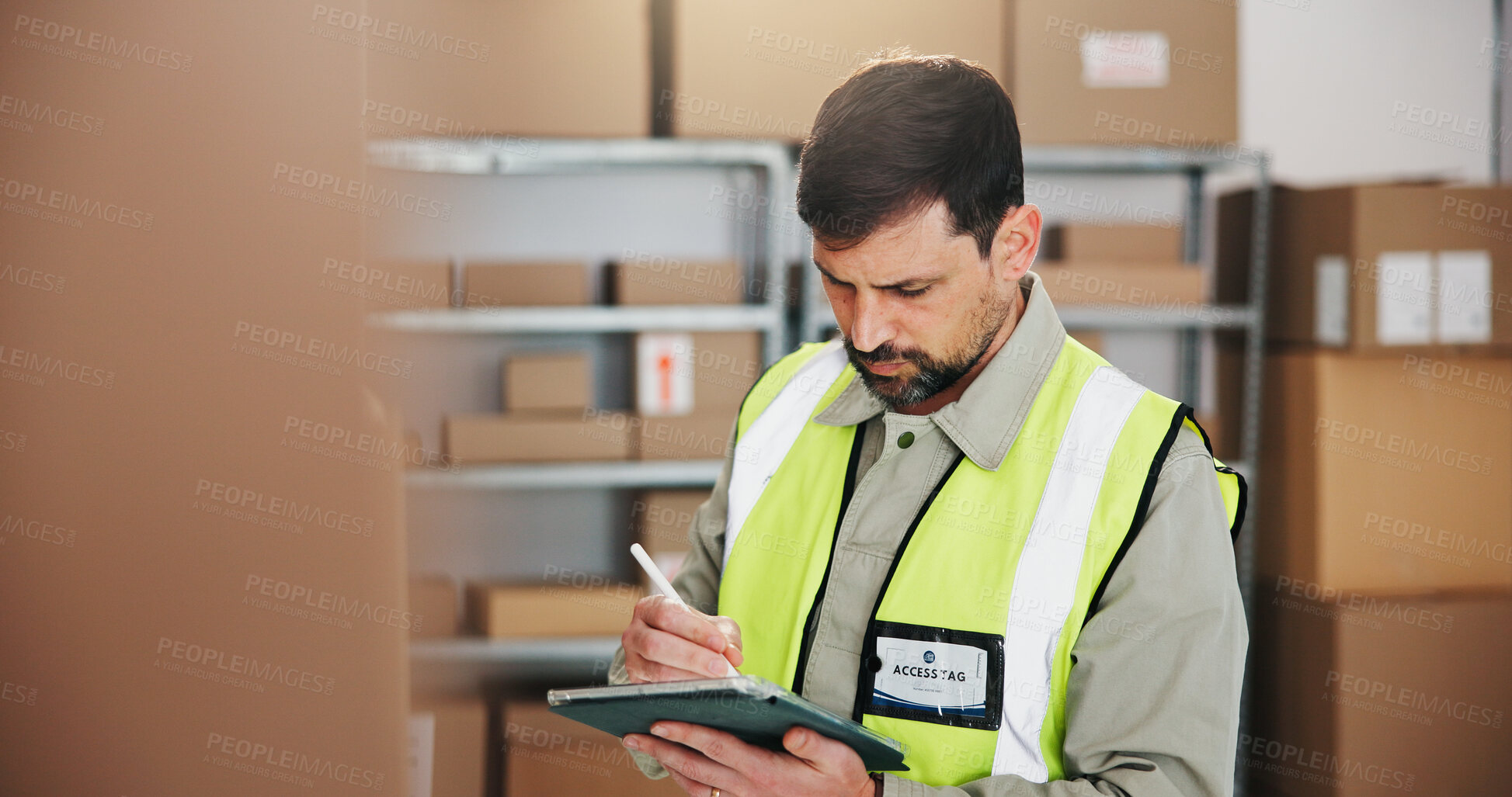 Buy stock photo Logistics, inventory and man with tablet, writing and plan for stock distribution in small business. Goods, quality assurance and person with tech for dropshipping, supply chain and notes with stylus