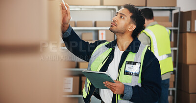 Buy stock photo Checking, boxes and man with tablet, logistics and quality control for stock distribution in factory. Serious, entrepreneur and person with tech for goods inventory, supply chain and dropshipping