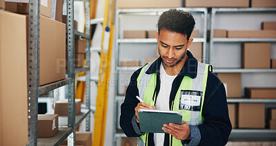 Buy stock photo Logistics, review or man in storage room with tablet, order track or inventory management in shipping. Distribution, depot or supplier with tech, stock control or package checklist in supply chain.