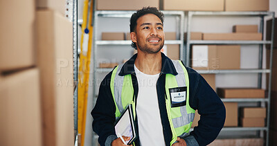 Buy stock photo Man, thinking and tablet in warehouse for logistics, quality control or smile for storage efficiency. Export ideas, distributor and tech in facility for inventory management, supply chain or planning